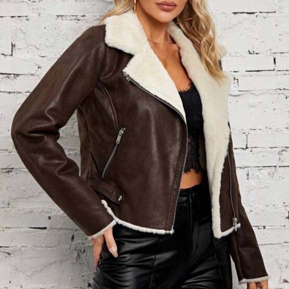 Luxe Vegan Leather Shearling Lined Moto Biker Jacket